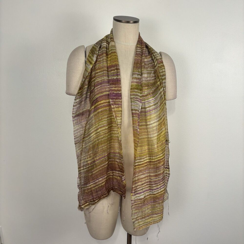 Boho Artisanal 100% Raw Silk Scarf Featherweight Open Weave Striped Chartreuse